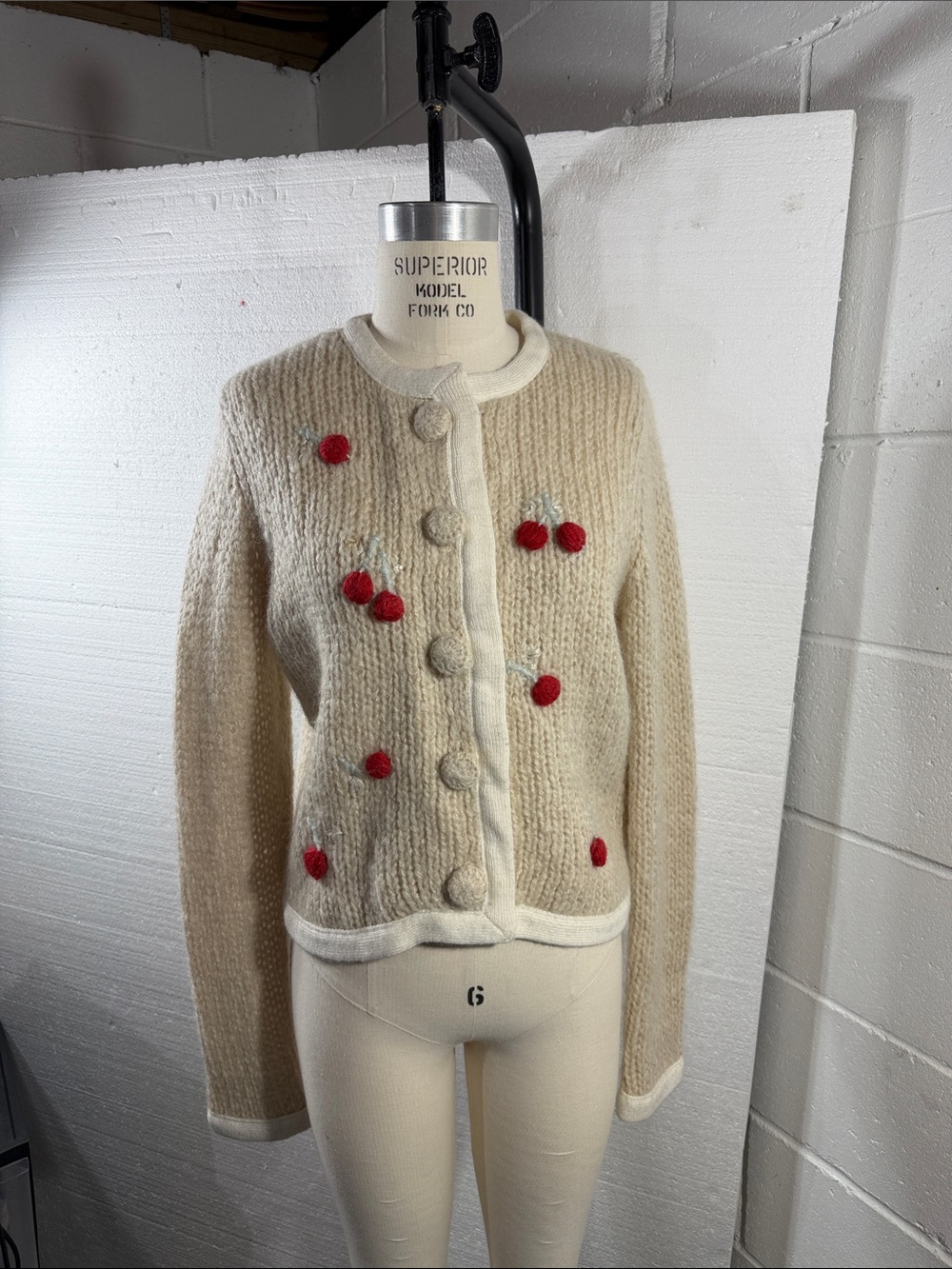 Anthropologie Sleeping on Snow,  Knit Cardigan, Red Pom-Pom Embellishments